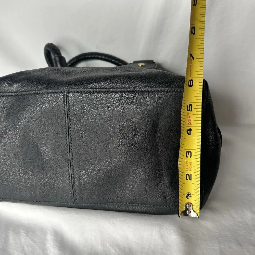 Cole Haan Black Pebbled Leather Shoulder Bag Braided Handles Magnetic Closure